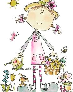 a drawing of a girl with flowers in her hair and holding a basket full of gifts