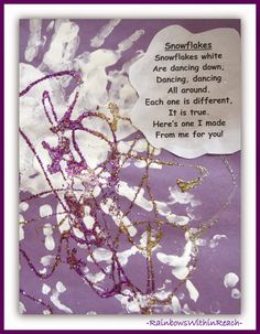 a purple and white card with writing on it that says snowflakes are falling down, dancing all around each one is different