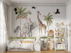 a child's bedroom decorated with wallpaper and jungle animals