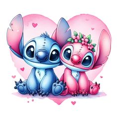 two cute cartoon animals sitting next to each other in front of a heart shaped background