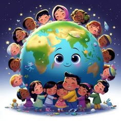 a group of children standing around the world with their faces on top of each other