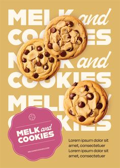 two cookies with chocolate chips on top and the words melk and cookies below