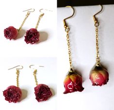 three different pictures of red flowers hanging from gold chain earring hooks and dangling earrings