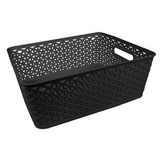 a black plastic basket with holes on the sides and handles, is shown in front of a white background