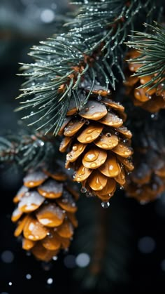 pine cones are covered with water droplets on a tree branch in the winter time photo