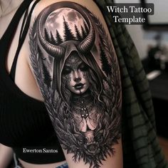 a woman with horns on her head and trees in the background is depicted by this tattoo artist