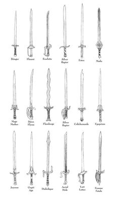 the different types of swords used in medieval times, vintage line drawing or engraving illustration