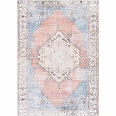 an old rug with faded colors and patterns on the bottom, in pastel tones