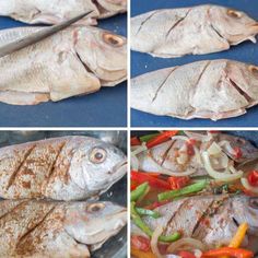 four different pictures of fish being cooked on a grill with onions, peppers and carrots