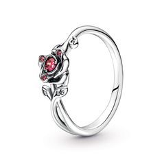 From Pandora, be transported into a magical world with the Disney Beauty and the Beast Rose Ring. Inspired by the enchanted rose from the movie, the ring features a red cubic zirconia stone rose in the center of the band, surrounded by openwork leaves and curved branches along with three smaller red stones. Celebrating the imperfect but magical love between Disney's Belle and the Beast, the ring makes an elegant, whimsical addition to any look. This ring is a size 4.5. Pandora Style #: 190017C01 Silver Wedding Gifts, Beauty And The Beast Rose, Silver Rose Ring, Pandora Disney, Rings Jewelry Fashion, Pandora Rings, Disney Beauty And The Beast, Rose Ring, Magical World