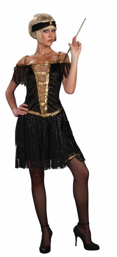 Roaring 20's Flapper Gold & Black Dress Costume Adult Gold Flapper Costume, Gold Halloween Costume, Black And Gold Halloween, Flapper Costume Halloween, 1920s Flapper Costume, Twenties Dress, Gatsby Girl, Apple Costume, Gold Halloween