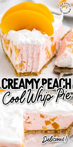 a piece of creamy peach cool whip pie on a plate