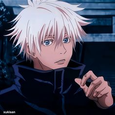 an anime character with white hair and blue eyes looking at something in the distance while wearing a black hoodie