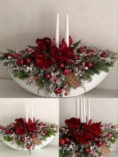 three pictures of christmas decorations with candles and flowers in them, one is white and the other is red