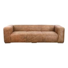 a brown leather couch sitting on top of a white floor