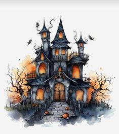 a watercolor drawing of a creepy house with pumpkins