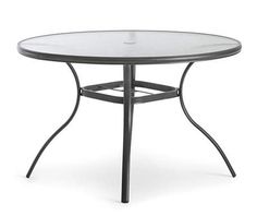 an outdoor table with glass top and metal frame, viewed from the front angle on a white background