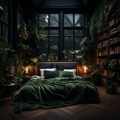 a bed in a dark room with lots of plants