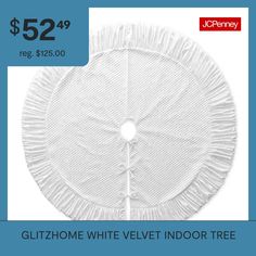 a round white velvet floor tree skirt with ruffles on the side and $ 52 99