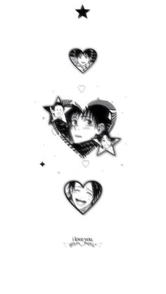 two hearts with stars on them are drawn in black and white