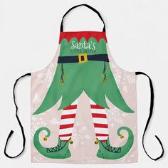 an apron with the words santa's little helpers on it, and a green elf