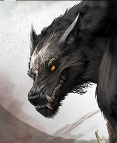 a black wolf with yellow eyes and sharp teeth