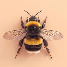 a bee with yellow and black stripes on its back, sitting on a pink background