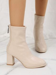 Color:Beige \nClosure Type:Back Zipper \nInsole Material:Fabric \nLining Material:Fabric \nOutsole Material:Rubber \nUpper Material:PU Leather \n Boots Beige, Boots Women Fashion, Womens Mid Calf Boots, Mid Calf Boots, Chunky Heel, Chunky Heels, Maternity Bag, Fashion Boots, Mid Calf