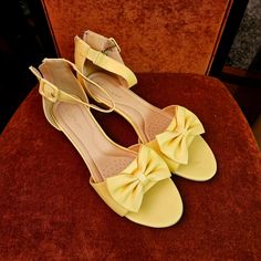 Never Worn. Like New! Trendy Sandal 1" Wedge Heel Yellow Bow Tie, Yellow Bow, Trendy Sandals, Open Toe Sandals, Toe Sandals, Summer Sun, Summer Shoes, Wedge Heels, Women's Shoes Sandals