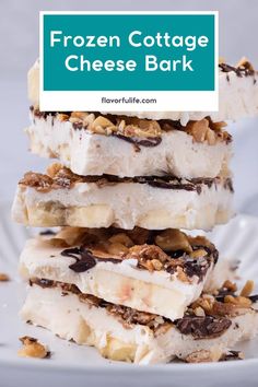 three pieces of frozen cottage cheese bark stacked on top of each other with the text overlay