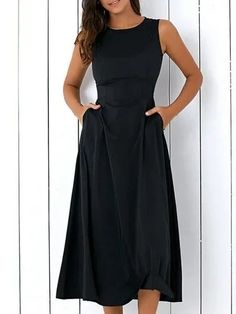 black a line women sleeveless pockets solid summer dress p117137 Gaun Fashion, Line Dresses, Mode Casual, A Line Dresses, Pleated Bodice, Round Neck Dresses, Crewneck Dress, Midi Dress Sleeveless, Fashion Mode