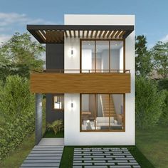 a small modern house in the middle of a grassy area