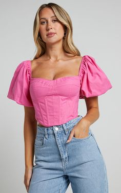 Estella Top - Puff Sleeve Corset Bustier Top in Pink Ruffle Corset, Corset Bustier Top, Puffy Sleeve Top, Flirty Tops, Crop Top Designs, Pink Corset, Ribbed Sweater Dress, Corset Bustier, Bustier Top