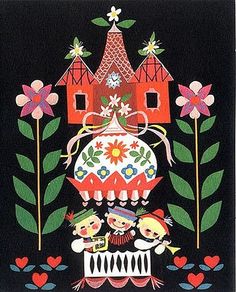 an image of a painting with flowers and houses in the background, on black paper