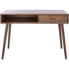 a wooden desk with two drawers on one side and an open drawer on the other