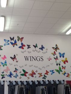 there are many colorful butterflies on the wall in this office space, with words written above them