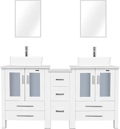 a white bathroom vanity with two sinks and mirrors on the wall next to each other