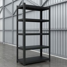 an empty shelf stands in front of a wall with metal slats on the walls