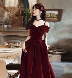 Wine Red Prom Dress Short, A Line Gown Evening Party, Red Velvet Dress Aesthetic, Dark Red Dress Outfit, Red Dress Outfit Party, Dark Red Party Dress, Dark Red Dress Long, Burgundy Dress Formal, Dark Red Style