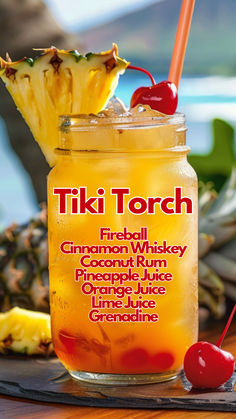 Tiki Torch Tiki Torch Cocktail, Tiki Torch Drink, Cocktail Ideas Alcoholic Drinks, Tiki Torch Drink Recipe, Whiskey Mixed Drinks Recipes, Tiki Bar Cocktails, Alcoholic Drinks To Order At A Bar, Tiki Bar Drinks Cocktail Recipes, 1 Gallon Alcoholic Drink Recipes