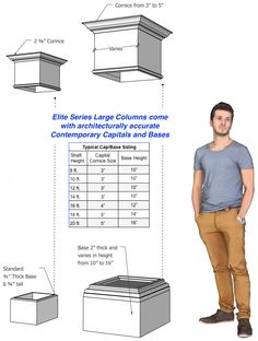 a man standing next to a table with measurements for the top, bottom and bottom