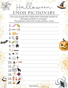 a printable halloween emojtionary with pumpkins, bats and spider web