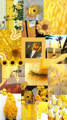 a collage of yellow images with flowers and other things in the background, including a teddy bear