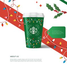 the starbucks cup is decorated with christmas lights and garlands, along with a red ribbon