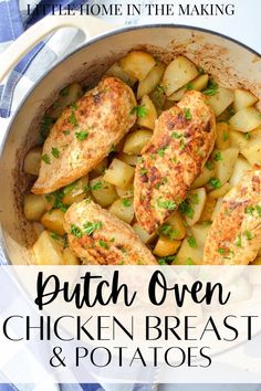 chicken breast and potatoes in a pan with text overlay