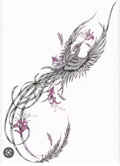 a drawing of a bird with flowers on it's back and wings in the air