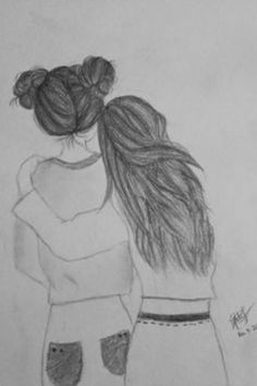 two girls hugging each other in pencil