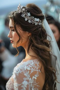 Wedding Hair Up With Tiara, Wedding Princess Hair, Princess Hair With Tiara, Bride Hairstyles Tiara, Wedding Hairstyle Tiara, Tiaras For Weddings, Wedding Bridal Hair With Veil, Bridal Hair Pulled Back, Wedding Hairstyles Tiara Veil