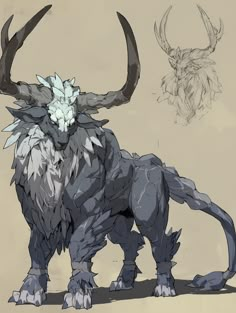 an animal with large horns standing next to another animal