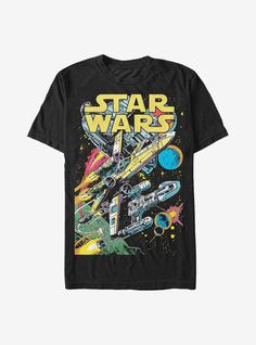 a black star wars t - shirt with an image of spaceships